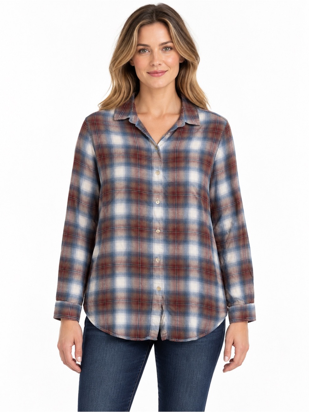 Liverpool Women’s Blue & Burgundy Plaid Button-Up Shirt Size Small